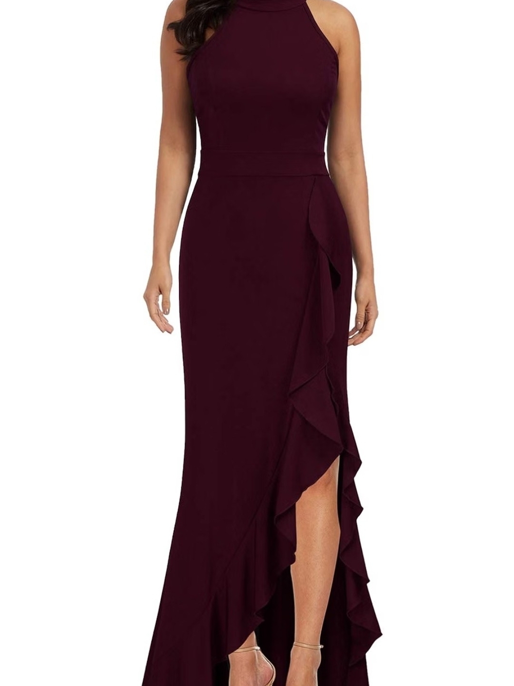 High-Neck Ruffle High-Low Gown in Burgundy